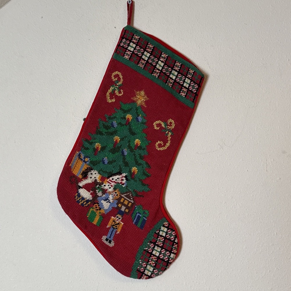 Needlepoint Christmas Stocking Tree Nutcracker Rocking Horse Toys Red Velvet 19"